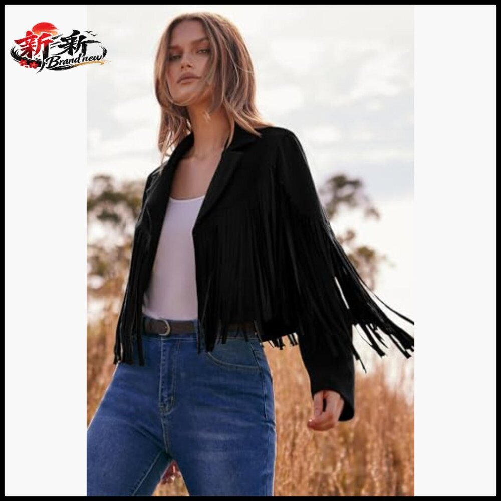 Faux Suede Fringe Cropped Jacket Motorcycle Style - Picture 3 of 7